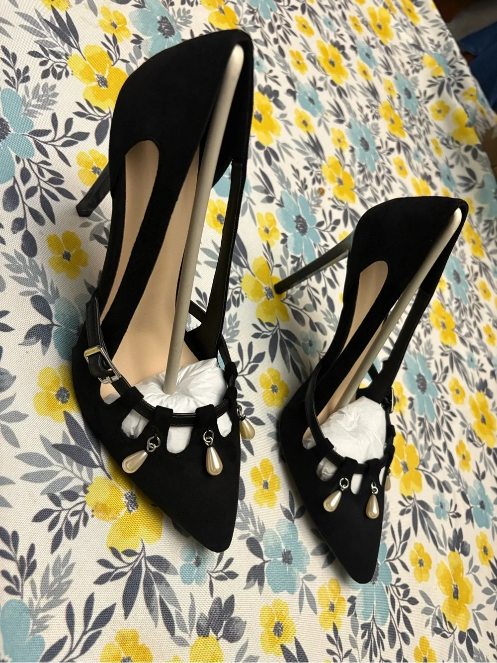 Black Pearl-Embellished Pointed Toe Stiletto Pumps